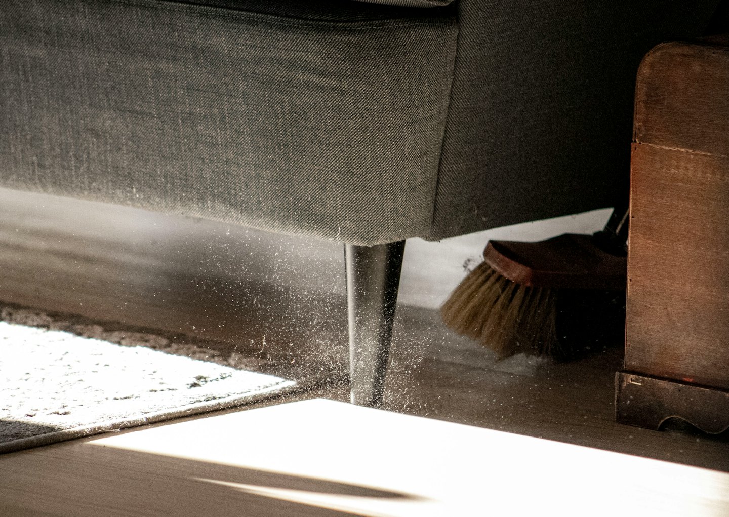 Dust particles float in sunlight under a sofa.